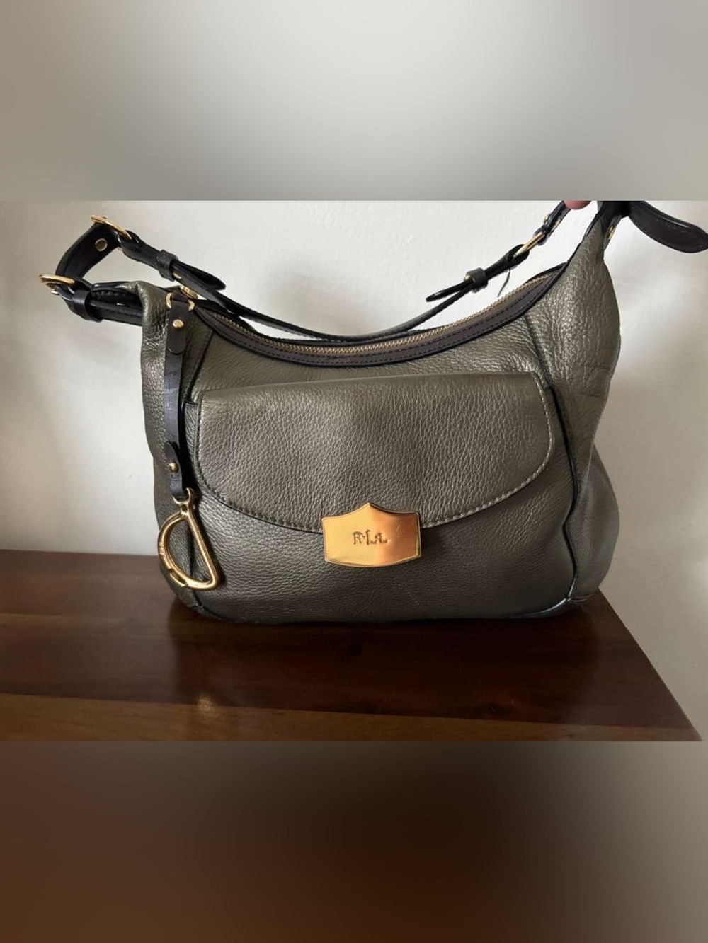 Ralph Lauren Olive Leather Shoulder Bag with Gold Plaque